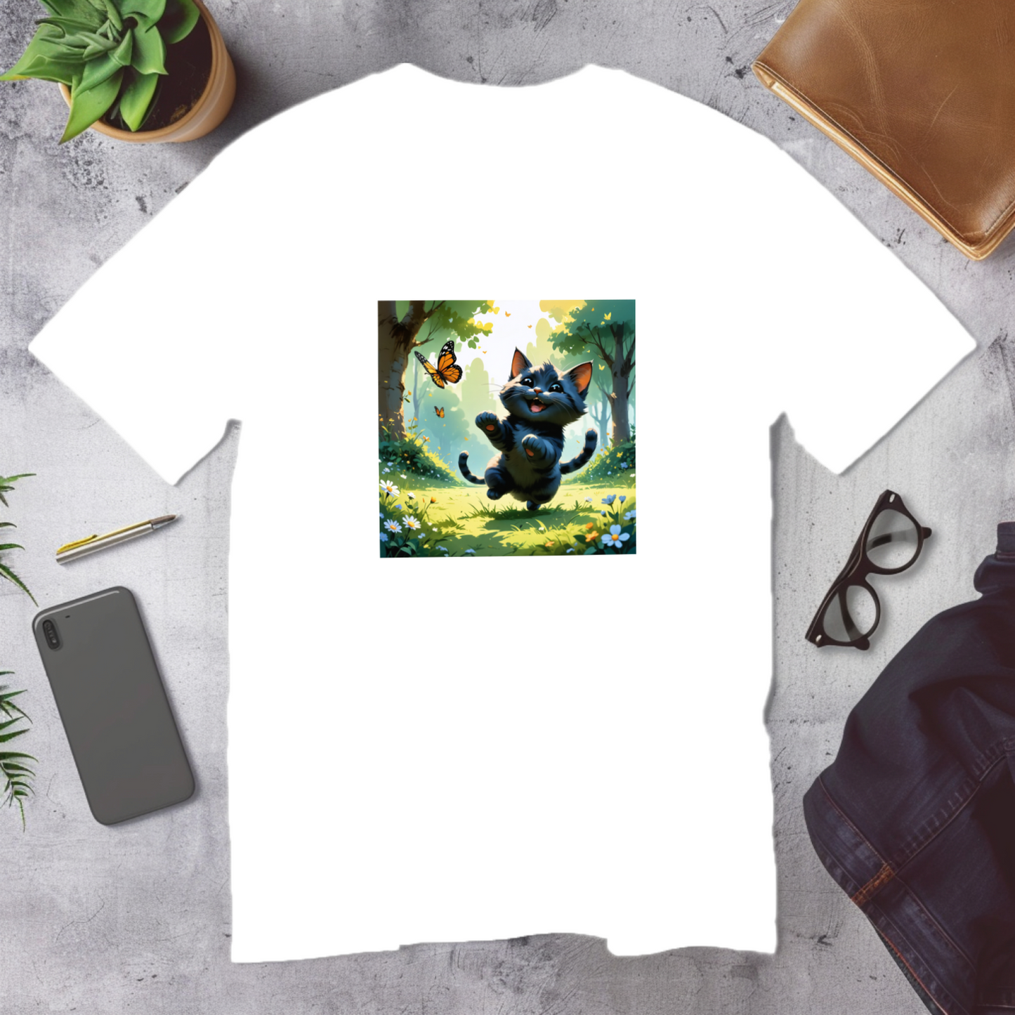 joyful_kitty_chasing_butterfly_in_miyazaki's_park"_men's_t-shirt2