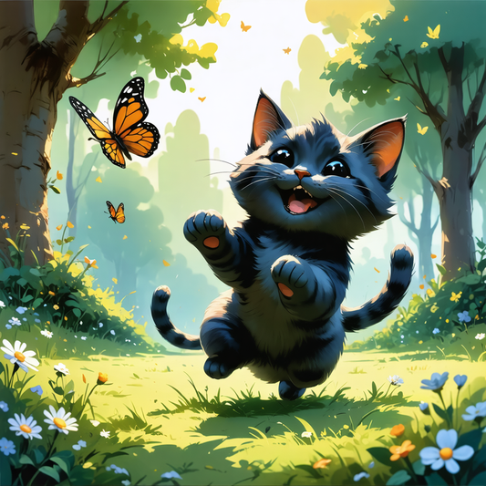 joyful_kitty_chasing_butterfly_in_miyazaki's_park"_men's_t-shirt1