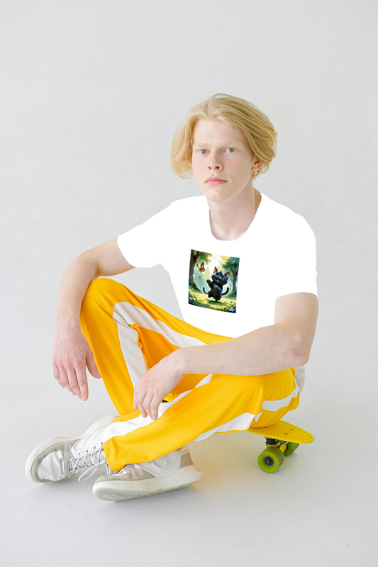 joyful_kitty_chasing_butterfly_in_miyazaki's_park"_men's_t-shirt0
