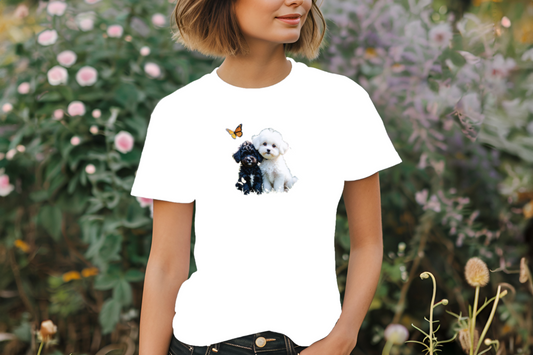 puppy_playdate_in_flower_meadow"_men's_t-shirt0